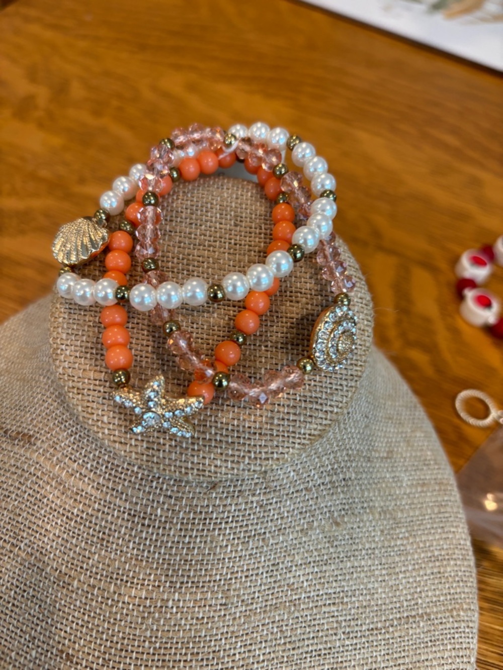 Olivia Welles Coral, Pearl & Gold Charm Stack Bracelets